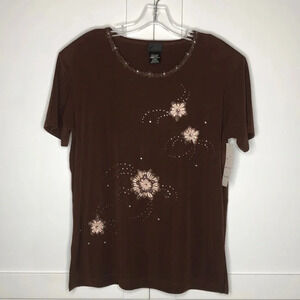 ZIO Brown Floral Embellished Stretch Top
